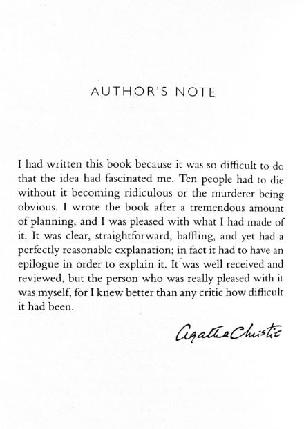 Authors Note by Agatha Christie for And Then There Were None